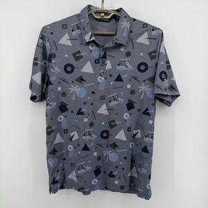 Travis Mathew Mens XL Grey Geometric Golf Cart Palm Tree Polo Shirt Pima AOP